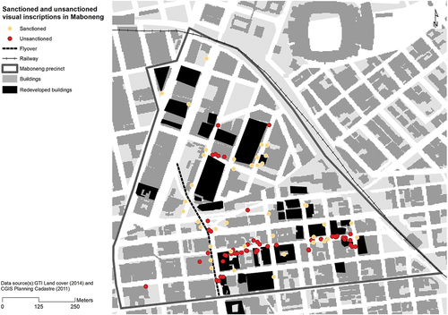 Figure 5. Map showing sanctioned and unsanctioned visual inscriptions in Maboneng. Map by author.