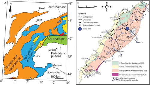 Figure 1. Geological outline of the Sesia-Lanzo Zone. (A) Simplified tectonic map of the Western Alps. SLZ: Sesia-Lanzo Zone. PL: Periadriatic Line (modified from CitationHandy, Babist, Wagner, Rosenberg, & Konrad, 2005). (B) Tectonic map of the Sesia-Lanzo Zone with the location of the study area (modified from CitationCompagnoni et al., 1977; CitationPasschier, Urai, Van Loon, & Williams, 1981; CitationSpalla & Zulbati, 2003).