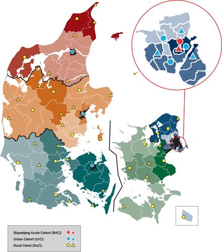 Figure 1 Map of hospitals with acute functions in Denmark and related catchment areas.