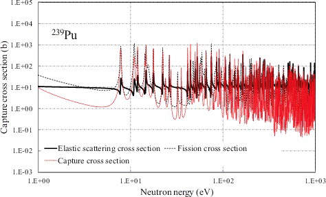 Figure 3. Neutron elastic scattering, fission, and capture cross sections of 239Pu in 1–103 eV [Citation13].