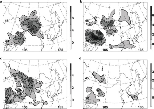 Fig. 10 The composite sensitivity frequency fields for the cases categorised by model integration times of: (a) 18–24 hours, (b) 30–36 hours, (c) 42–48 hours, and (d) 54–72 hours.