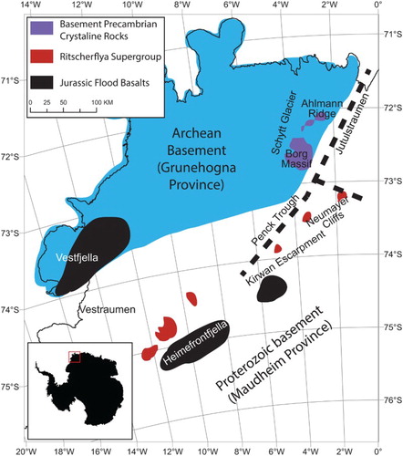 Figure 3. Contextual geological map of the nunatak geology in WDML. The map shows the two distinct provinces (Grunehogna and Maudheim) as well as the location of Jurassic flood basalts, Precambrian basement rock exposures and the sedimentary-volcanic sequences of the Ritscherflya Supergroup. Also shown are the inferred grabens of the Jutulstraumen–Pencksökket triple junction (thick dashed lines). Modified from CitationFerraccioli et al. (2005) using maps by CitationSpaeth and Fielitz (1987).