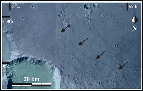 Figure 7. Linear ridge in the map region is shown using a HRSC image. These structures locate to the east of the Huygens impact basin and are interpreted to be Hesperian igneous dikes (CitationHead et al., 2006).