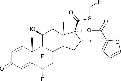 Figure 1 Chemical structure of fluticasone furoate: (6α,11β,16α,17α)-6,9-difluoro-17-{[(fluoro-methyl)thio]carbonyl}-11-hydroxy-16-methyl-3-oxoandrosta-1,4-dien-17-yl 2-furancarboxylate.Citation15