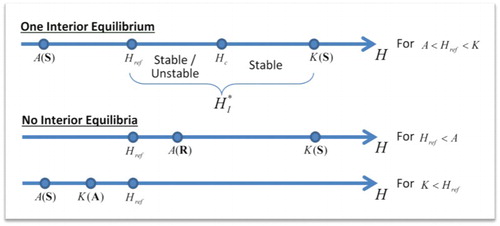 Figure 1. Arrangement of the H-values that condition the existence and stability of boundary and interior equilibria: one interior equilibrium when (A,0)(S)<Href<(K,0)(S), and zero interior equilibria when Href<(A,0)(R)<(K,0)(S) or (A,0)(S)<(K,0)(A)<Href (S: Saddle, A: Attractor, R: Repeller).