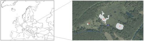 Figure 1. Location of wetland Prés-de-Villette in Switzerland, and detail map of ponds Prés-de-Villette VAU: pond Vaucher (46°15′13.706″N 6°17′06.906″E), ILE: pond with an island (46°15′12.922″N 6°17′18.140″E), OUT: pond in front of the dam (46°15′14.584″N 6°17′12.794″E) (source: https://ge.ch/carte).