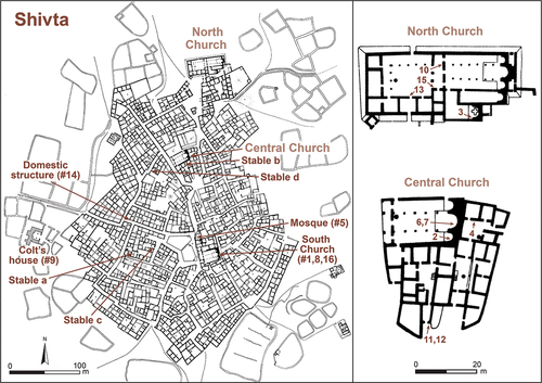 Figure 2. A map of Shivta with indication of the location of the churches, stables, and graffiti (prepared by Sapir Hadd according to Hirschfeld [Citation2003]).