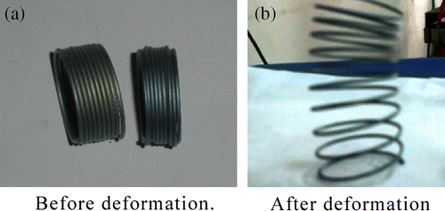 Figure 1 SMA coil spring (a) before deformation and (b) after deformation.
