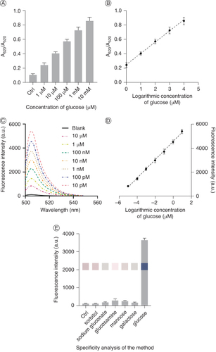 Figure 4. Analytical performance of the method. (A) A620/A520 value of the method when different concentrations of glucose. (B) Correlation between the A620/A520 value and the concentration of glucose. (C) Fluorescence intensity of the method when detecting different concentrations of glucose. (D) Correlation between the fluorescence intensity and the concentration of glucose. (E) Fluorescence intensity of the method when detecting glucose and different glucose analogs.