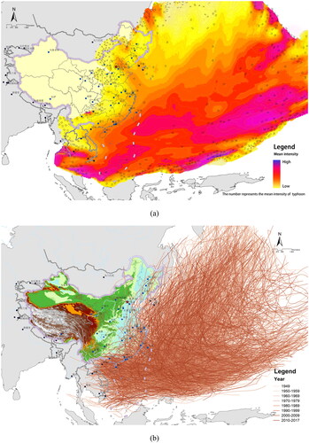 Figure 1. Typhoon mean intensity and paths based on historical data from 1949 to 2017: (a) the mean intensity distribution of typhoon monitoring points from 1949 to 2017; (b) the typhoon paths from 1949 to 2017.