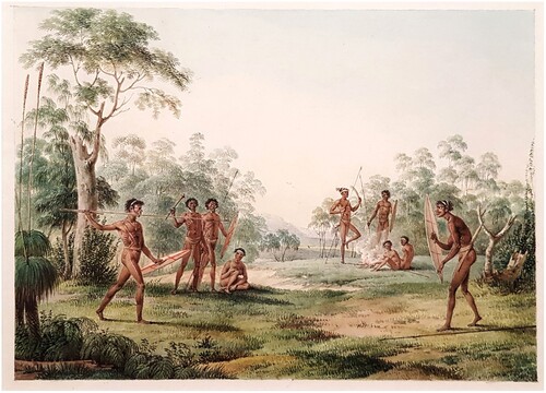 Figure 9. Pierre-Antoine Marchais, Aboriginal formal combat in landscape, 1820s, watercolour. Silentworld Foundation Collection.