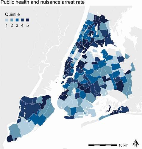 Figure 1. Map of ZIP-code-level public health and nuisance arrest rate in New York City (12 March–24 May 2020).