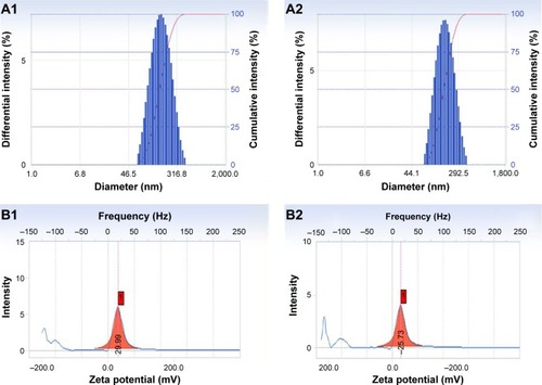 Figure 4 Image of L/NP size distribution and zeta potential.Notes: (A1/B1) (+) L/NPs; (A2/B2) (−) L/NPs: 1, distribution of particle size; 2, zeta potential.Abbreviation: L/NPs, lipid nanoparticles.