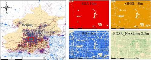 Figure 15. Map of building footprints in Beijing. The red, yellow, blue, and green maps represent the map of buildings generated by ESA, GHSL, WSF, and the proposed EDSR_NASUnet method, respectively. All of them are generated from Sentinel-2 images with 10 m resolution.