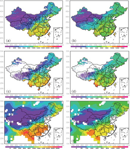 Figure 1. Multi-year carbon flux over China. (a) Gross primary production (GPP) from the AVIM; (b) net primary production (NPP) from the AVIM; (c) GPP from the MODIS data; (d) NPP from the MODIS data; (e) GPP from the TRENDY data; (f) NPP from the TRENDY data. Units: g C m−2 yr−1. AVIM and MODIS data averaged for the time period 2000–15; TRENDY data averaged for the time period 2000–10