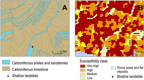 Figure 5. Rainfall-induced landslide triggered by November 2003 rainfall (Cabañaquinta) (A) Location of the landslide on the bedrock geology map, and (B) location of the landslide on the susceptibility model; the landslide falls on a cell classed as Low Susceptibility due to the proximity of a limestone level (see text).