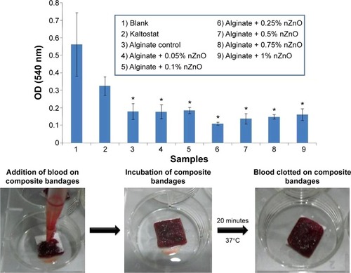 Figure 5 Blood clotting ability evaluation of alginate hydrogel/nZnO composite bandages with different concentrations of nZnO.Note: Student’s t-test was performed and P-values <0.05 were considered significant. *Indicates significant difference compared the control.Abbreviations: nZnO, zinc oxide nanoparticles; OD, optical density.