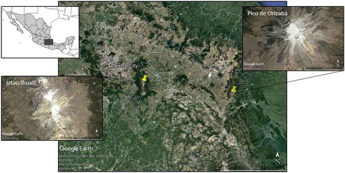 Figure 1. Map of the locations of the two glacierized summits in central Mexico: Pico de Orizaba (top right) and Iztaccíhuatl (lower left).