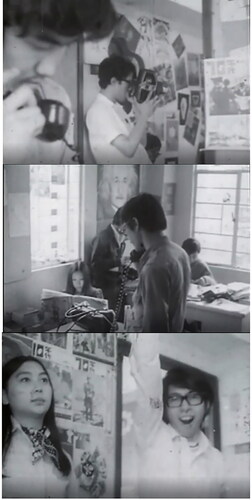 Figure 1. Preparing for ‘Defend Diaoyu Islands’ protests in The 70s office, Hong Kong Defends Diaoyu Islands Protest (1971), Dir. by Law Kar and Chiu Tak Hut. Courtesy of Mok Chiu Yu.
