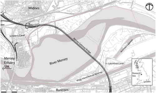 Figure 1. Survey area (marked as a polygon), with Mersey Gateway bridge location shown, between Runcorn and Widnes in northwest England.