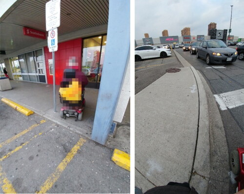 Figure 1. Examples of curb cuts. (a) Curb cuts sometimes blocked by cars, ice, or snow. (b) Curb cut leads nowhere.