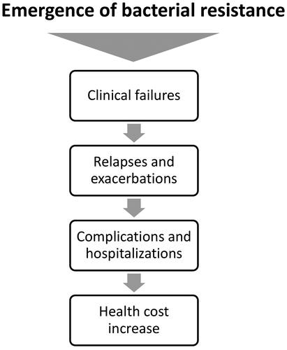 Figure 3 Schematic representation portraying the consequences of the emergence of bacterial resistance to antibiotics. The risk of therapeutic failure favours relapses and exacerbation of LRTI symptoms, leading to increased incidence of hospitalization with consequent increase of health costs. This scenario abates the cost effectiveness of antibacterial therapy.