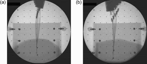 Figure 9. a) Needle insertion in chicken breast. b) Needle insertion in liver.