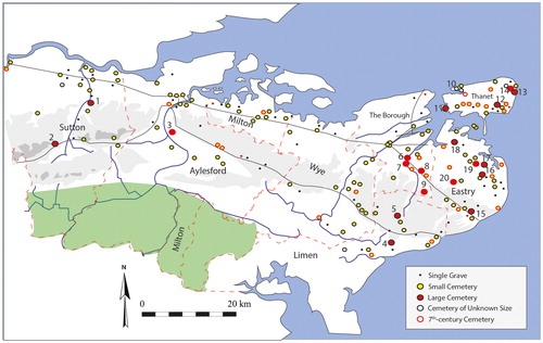 FIG 9. Kent with lathes, major Roman roads and rivers marked. Not the position of large cemeteries in west Kent with one or two to a lath each hemmed by small sites focus around a Roman road or river. In east Kent the large cemeteries are also hemmed by smaller ones but they also seem to mark the coast as a boundary. 1 Riseley, 2 Polhill, 3 Eccles, 4 Saltwood, 5 Lyminge, 6 Bifrons, 7 Bishopsbourne, 8 Kingston, 9 Breach Downs, 10 Brooksend, 11 Sarre, 12 Ozengell, 13 Broadstairs, 14 Peters Tip, 15 Dover Buckland, 16 Beacon Hill, 17 Finglesham, 18 Gilton, 19 Updown, 20 Sibertswold/Barfriston. After Richardson Citation2005; Brookes Citation2011. © D Sayer.