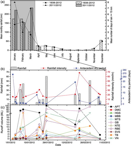 Figure 2. (a) Mean monthly rainfall and mean number of days of rain ≥10 mm in Broome for the periods 1939–2012 and December 2011–March 2012 (BOM Citation2013). Grey areas show the 2011/12 wet season (study period), which spans from January to March. (b) Rainfall, rainfall intensity and antecedent dry period. (c) Calculated runoff volume from sub-catchments for the 2011/12 wet season.