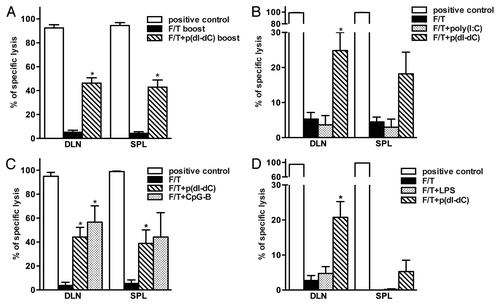 Figure 4. Failure of sterile necrosis to induce cross-priming of CD8+ T cells in vivo can be reversed using model DNA p(dI-dC) or CpG-B. (A–C) Mice were primed on day 0 and boosted on day 3 with 1 × 106 F/T B78OVA cells electroporated with p(dI-dC) (A), poly(I:C) (B) or CpG-B (C). In vivo CTL analysis was performed on day 10. (D) Mice were primed on day 0 and boosted on day 3 with 2 × 106 F/T cells mixed with p(dI-dC) or LPS. In vivo CTL was performed as in (A) on day 10. Pooled data of 3 (A), 5 (B), or 2 experiments (C and D) with 3 mice per group are shown. *p < 0.05 as compared with F/T group (Student’s t test).