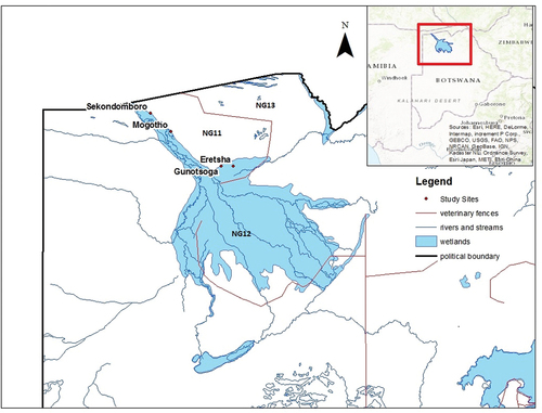 Figure 1. Geographical location of the study sites indicating the four villages; Sekondomboro, Mogotho, Eretsha and Gunotsoga in the Okavango Delta eastern Panhandle, where the studies were conducted.