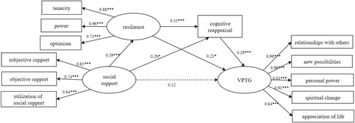 Figure 1. Serial mediation of social support, resilience, Cognitive reappraisal and VPTG. *P < 0.05, **P < 0.01, ***P < 0.001.