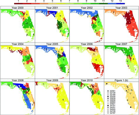 Figure 3. Map of the central clustering configuration with clustering labels assigned by descending order of the posterior mean of the cluster mean estimates for the 11 years.