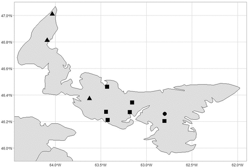 Fig. 1 Wheat spike survey sites in Prince Edward Island, 2023. ● = Kings County site, ■ = Queens County sites, ▲ = Prince County sites.