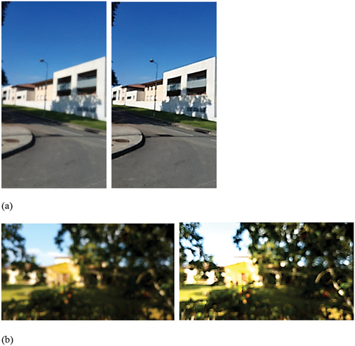 Figure 2. Examples of images before (left) and after (right) correction. (a) paysages pilot, successful image sharpening to correct for blur and (b) paysages pilot unsuccessful correction for blur and brightness.