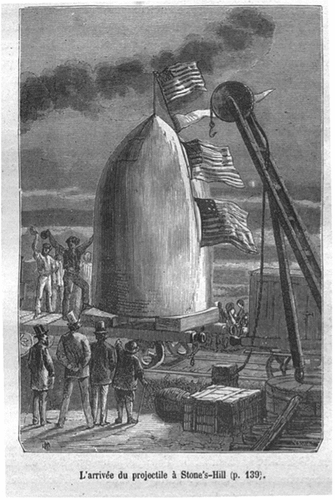 Figure 4. ‘The arrival of the projectile at Stone’s Hill’ by Henri de Montaut in Autour de la Lune 1869 by Jules Verne (1869). Public domain, via Wikimedia Commons.