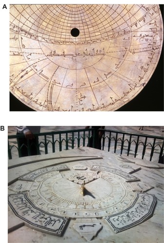 Figure 1 (A) Astrolabe has been used to determine prayer times and the direction of Makkah. (B) Sundial of prayer time.