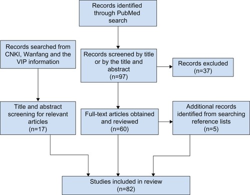 Figure 1 Flowchart demonstrating literature review procedure.Abbrevation: CNKI, China National Knowledge Infrastructure.