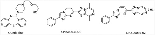 Figure 1. The chemical structure of quetiapine and PDE10A inhibitors, CPL500036-01 and CPL500036-02.