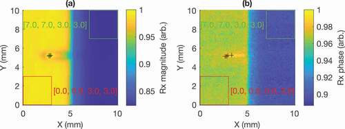 Figure 12. Illustration of the SNR calculation of the scanning results based on the highest points. The background off the sample is defined to be the region in the green box and the background region on the sample is defined to be the region in the red box. Shown are the results for 15 MHz on the receive coil as magnitude (a) and phase (b), but the regions considered are consistent across all the frequencies considered. Here, the plots are normalised and the five highest points are shown as black crosses.