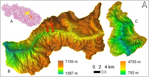 Figure 3. Slope unit maps in two sample basins selected from the set of basins considered in this work (A); sample basins are located in Langtang area, highlighted in yellow (B), and in the Sinhu area, highlighted in orange (C). Maps (B) and (C) show SU in the two areas. Red polygons show earthquake-induced (B) and rainfall-induced (C) landslides.