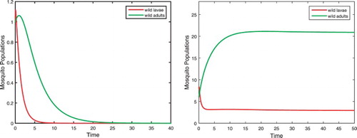 Figure 1. Parameters are given in Equation (Equation24(24) σ=18,α=7,d0=0.35,d1=0.3,μ1=0.25,μ2=0.196,(24) ). For b=190>bcs, there exists no positive equilibrium. Solutions approach the origin as shown in the left figure. For b=170<bsc, there exist two positive equilibria E1 and E2. Solutions approach either the origin or E2 depending on their initial values. A solution approaching E2 is shown in the right figure. Here only the curves for wild larvae and adults are presented.