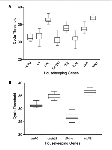 Figure 3.  Real-time PCR cycle threshold values in peripheral blood mononuclear cell (PBMC) culture samples. Expression levels of group 1 genes (A) and group 2 genes (B) are shown as medians (lines), 25th percentile to the 75th percentile (boxes), and ranges (whiskers) for 12 human PBMC culture samples (4 tuberculosis patients at 3 time points). HuPO, human acidic ribosomal protein; BA, β-actin; CYC, cyclophylin; GAPDH, glyceraldehyde-3-phosphate dehydrogenase; PGK, phosphoglycerokinase; B2M, β2-microglobulin; GUS, β-glucuronidase; HPRT, hypoxanthine phosphori-bosyltransferase; UbcH5B, ubiquitin conjugating enzyme; EF-1-α, elongation factor-1-α; MLN51, metastatic lymph node 51.