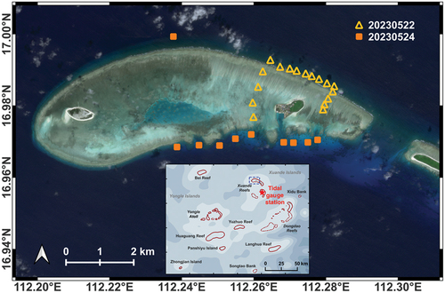 Figure 2. Location map of the field survey points and tide gauge station. Field investigation conducted on 22 May 2023 and 24 May 2023 is depicted with yellow hollow triangle and orange solid square. Tide gauge station location is expressed with red pentagon in thumbnail. The background satellite image shown is a Landsat-8 OLI image acquired on 17 May 2023.