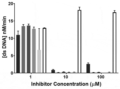 Figure 4. MERS-CoV helicase unwinding activity measured by FRET-based assay using different concentrations of strong inhibitors: idarubicin HCl (■), doxorubicin HCl (Display full size), epirubicin HCl (Display full size), mitoxantrone 2HCl (Display full size), daunorubicin HCl (Display full size) or DMSO (□). Error bars represent standard deviation of triplicate samples