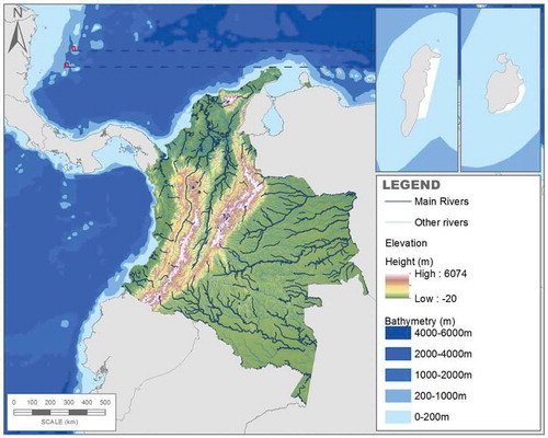 Figure 3. Main rivers, bathymetry, and elevation in Colombia