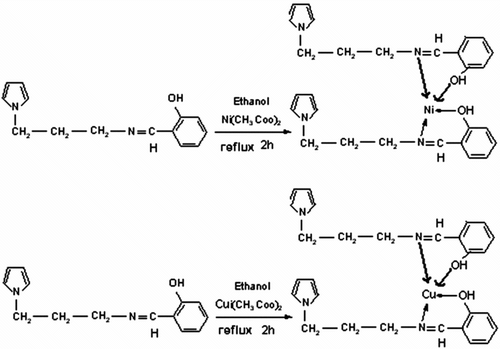 Scheme 3 Preparation of complexes of N-(3-aminopropyl) Py-salicylaldehyde with Ni(II) and Cu(II).