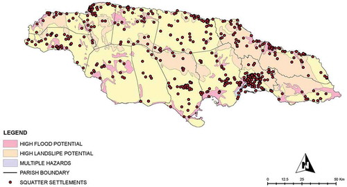 Figure 11. National distribution of squatter settlements and their relationship to natural hazard vulnerability.
