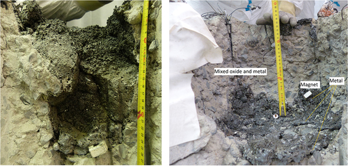 Figure 3. VF-U1 MCCI post-test view with metallic layer marked by magnet. Left: before fuel debris removal. Right: with only metallic block remaining.