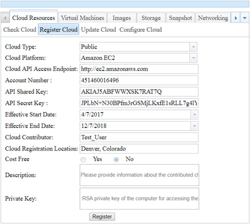 Figure 5. Users can contribute the computing pool by registering a cloud – using Amazon EC2 cloud as an example; by providing the API access keys of a cloud, a user can authorize the HCC system to access and manipulate the registered cloud service.